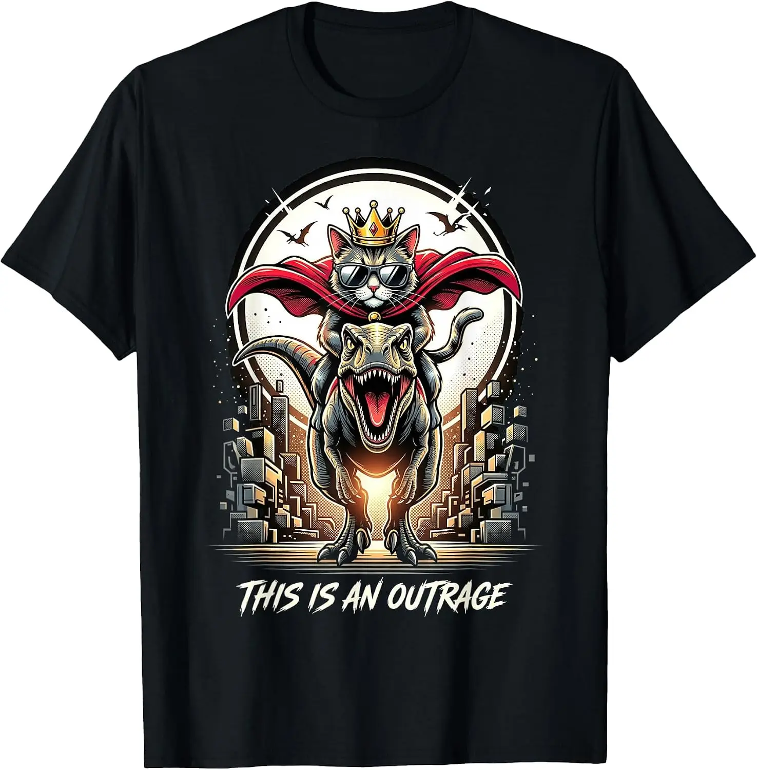 Cat Riding Dinosaur This Is An Outrage Funny T-Shirt Men Casual Graphic Print T‑Shirt Crew Neck Short Sleeve Vintage Street Style Soft Fabric Daily Wear Tops. Holiday Festive, Party Wear, Theme Print Tee.
