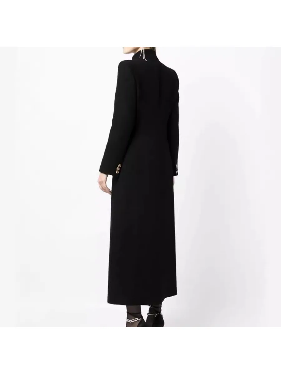 TWOTWINSTYLE Solid Spliced Button Slimming Wool for Women Turtleneck Long Sleeve Temperament Elegant Long Coat Female