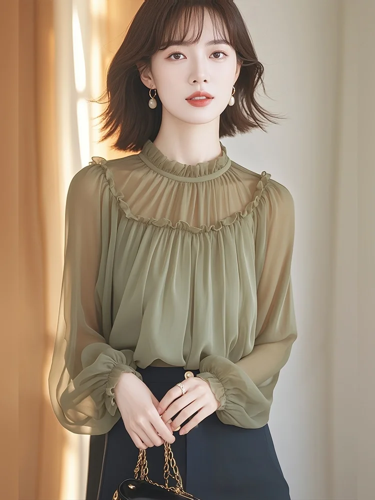 ربيع الخريف جولة الرقبة طويلة الأكمام الفرنسية فضفاض الشيفون قميص رمادي أخضر فضفاض البلوز أنيقة أعلى طويلة الأكمام قميص المرأة #2