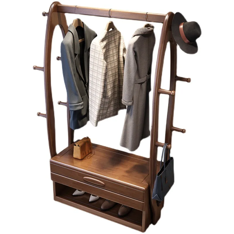 

Solid wood coat rack light luxury floor hanger bedroom simple modern entrance porch shoe changing stool integrated