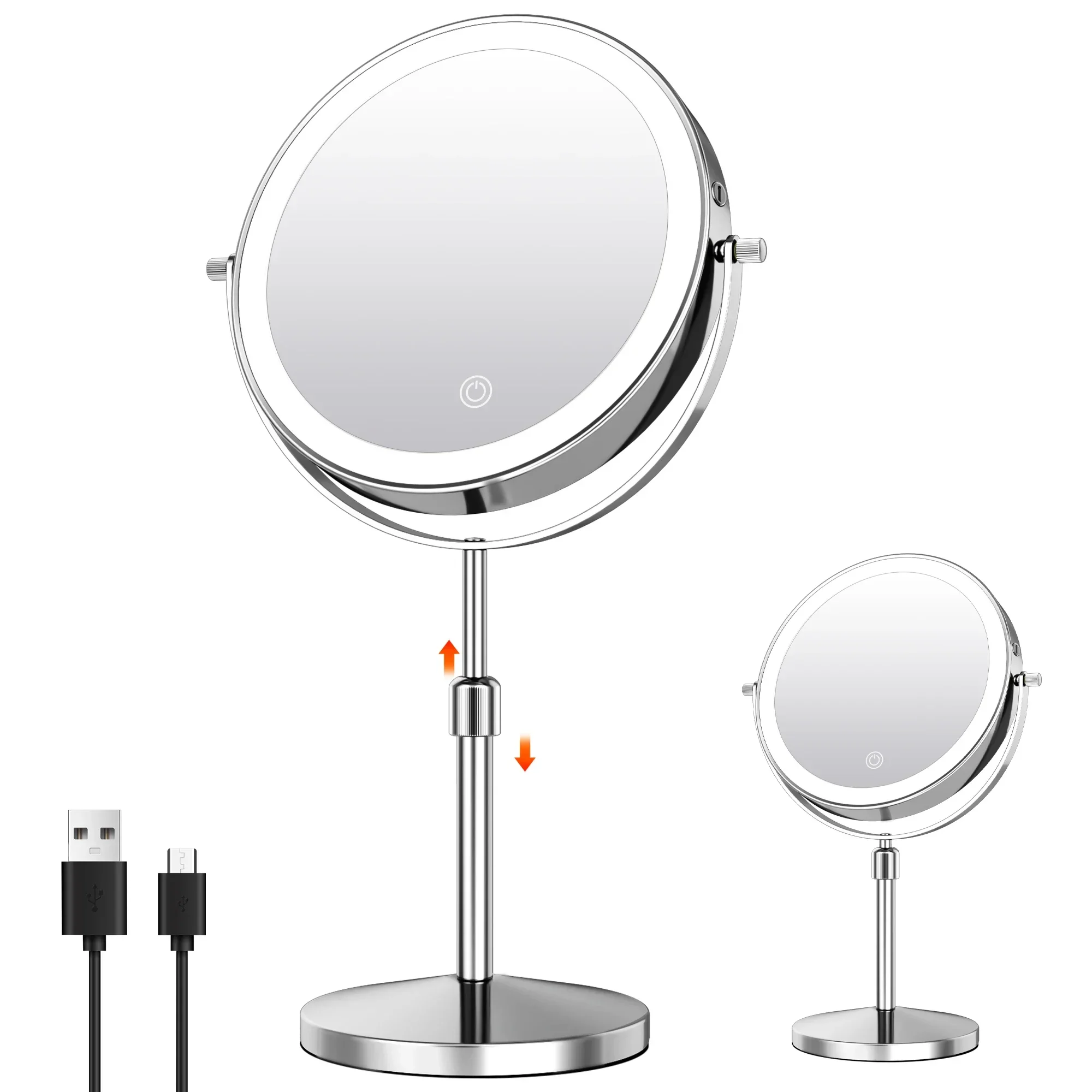 7 Inch Makeup Mirror with Light USB Rechargeable Height Adjustable Dual Magnifying 1X/10X 3 Color Lighting 360° Rotation Vanity