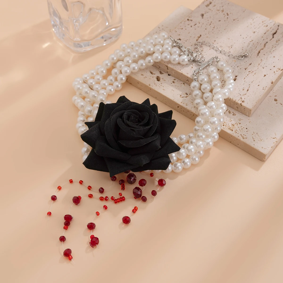 PuRui Gothic Elegant Rose Rose Imitation Pearl Neck Woman Trendy Multilayer Blood Tassel Crystal Clavicle Necklace Jewelry New