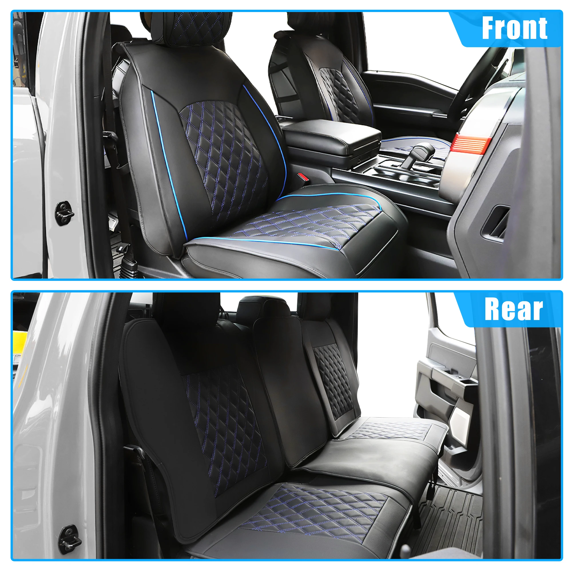 X Autohaux Car Front Rear Seat Covers Seat Pad for Chevrolet Silverado 1500 Crew Cab 2007-2024 Waterproof Black Blue Front Rear