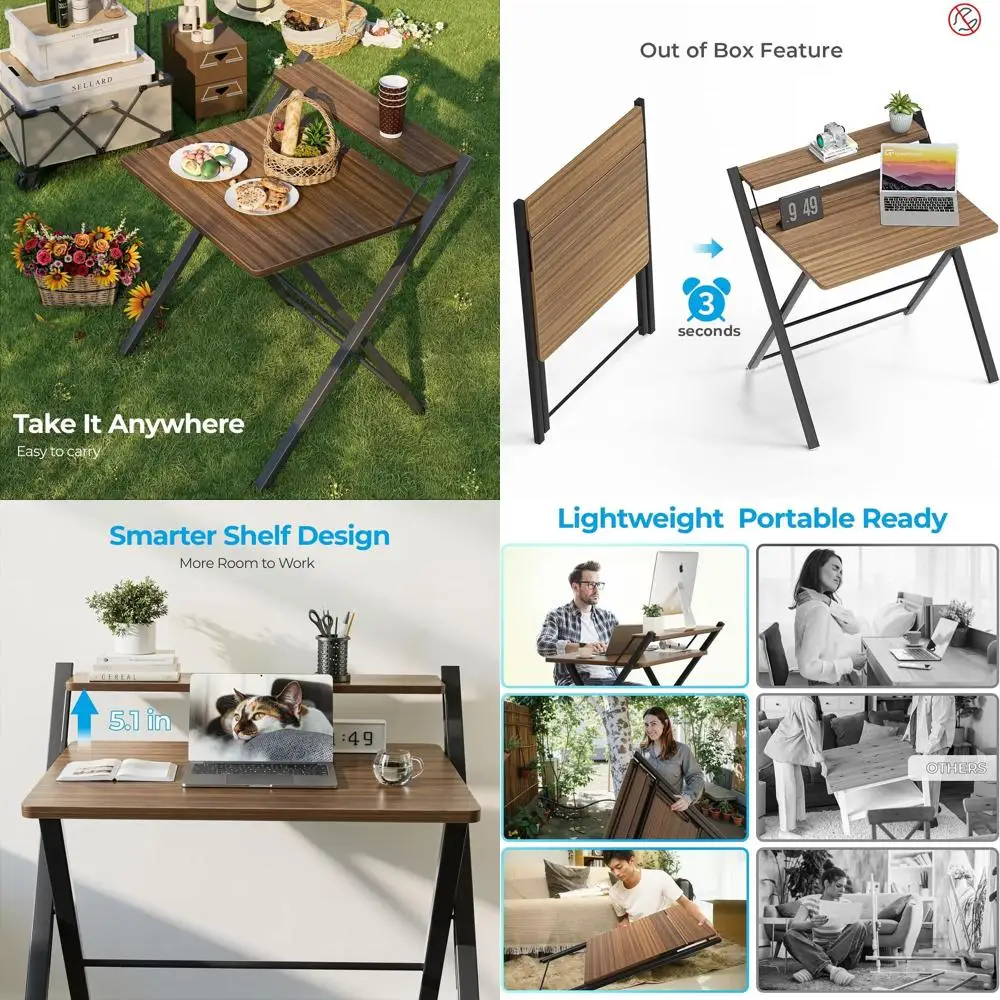 

No Assembly Folding Desk, 2-Tier Compact Computer Desk with Shelf, Space Saving Foldable Table for Home Office, Dorm or Apartmen