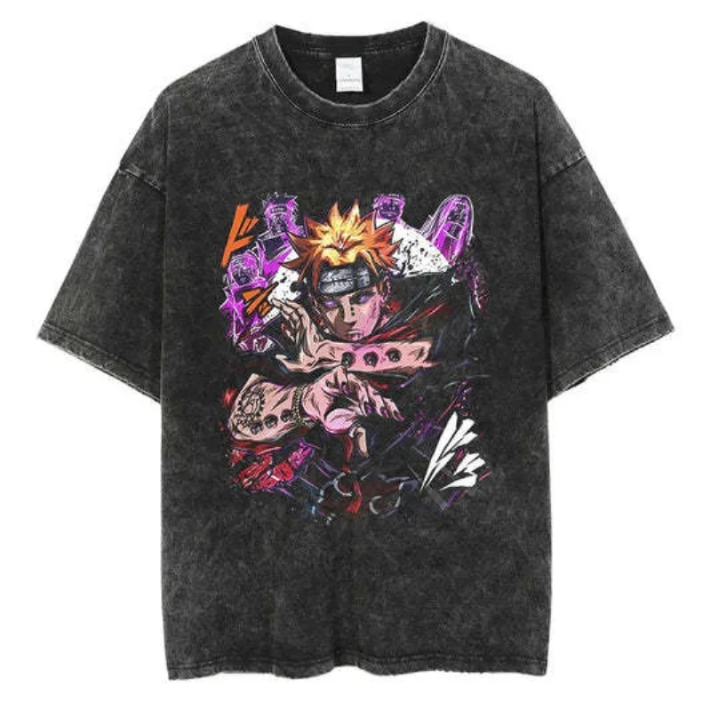 Riman Naruto Shirt Washed and Worn Short Sleeve T-shirt American High Street Retro Style Batik Short Sleeve Anime Top Tees Gift