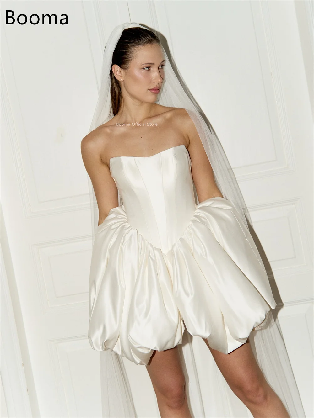 Booma a-line فساتين زفاف كلاسيكية صغيرة بسيطة بدون حمالات من الساتان بسيطة عاجية بدون أكمام فستان عرائس مصنوع حسب الطلب 2025 #4