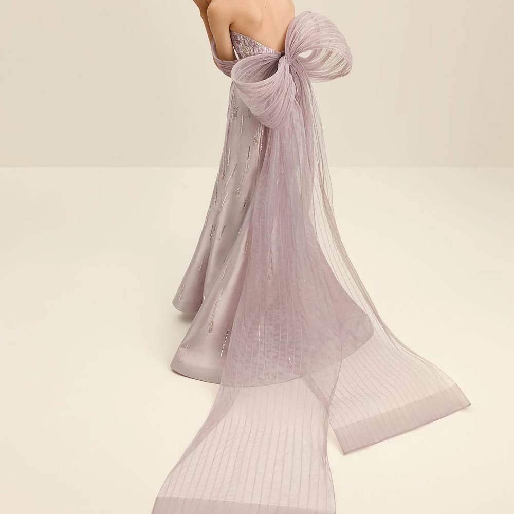 Customized Exquisite Crystal Bow Off The Shoulder Satin Evening Dresses Elegant Straight Floor Length Strapless Short Sleeves