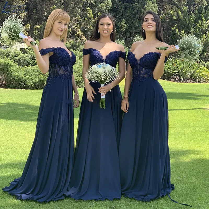 ANGELSBRIDEP-Vestidos de dama de honra femininos, apliques de linha A, vestidos longos frisados, elegante vestido de casamento, azul marinho, quente