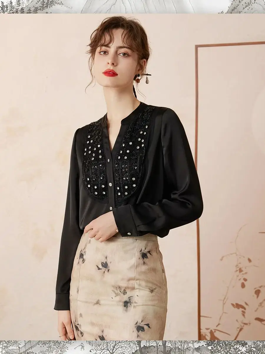 LOUIS YAO Women Shirt V Neck Long Sleeve Beading Mesh Blouses 2024 Spring New Elegant Office Lady Loose Fit Black Apricot Shirt