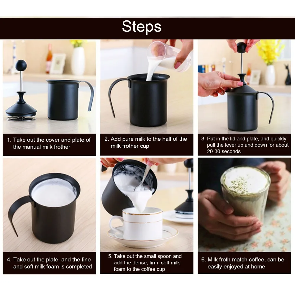 Easy to Use Stainless Steel Milk Frother Double Mesh Handheld Milk Foamer Black Unbreakable Manual Milk Frother Coffee Making
