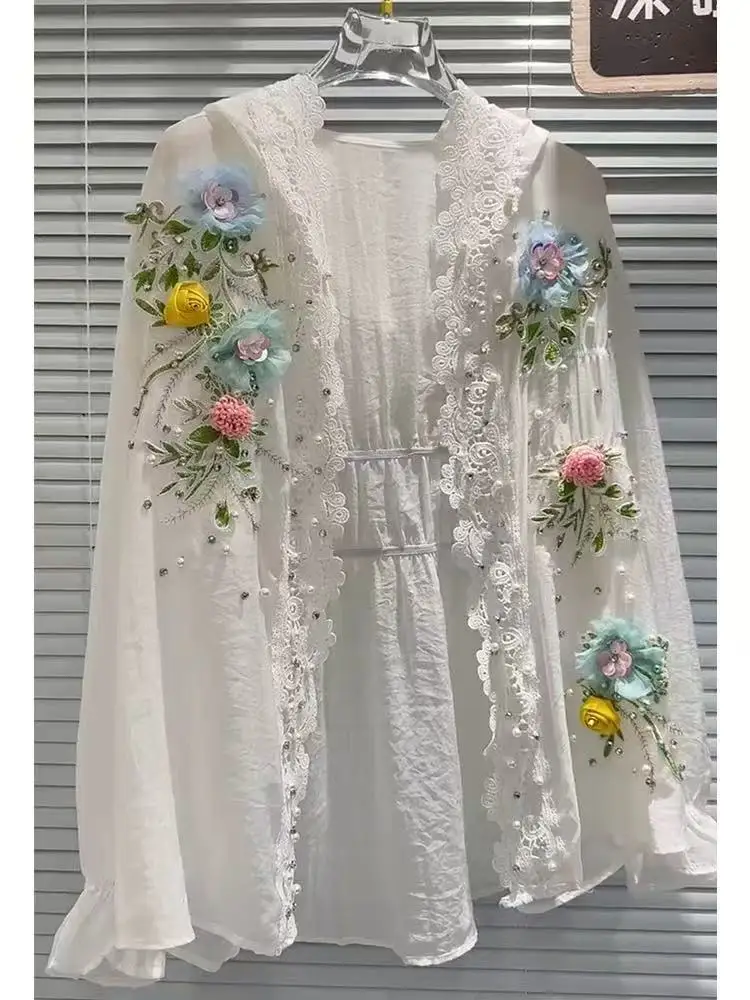 Breathable Cotton Blended White Hooded Sunscreen Shirts Blouses for Women's Lace Embroidery 3D Flowers Long Sleeve Cardigan Tops