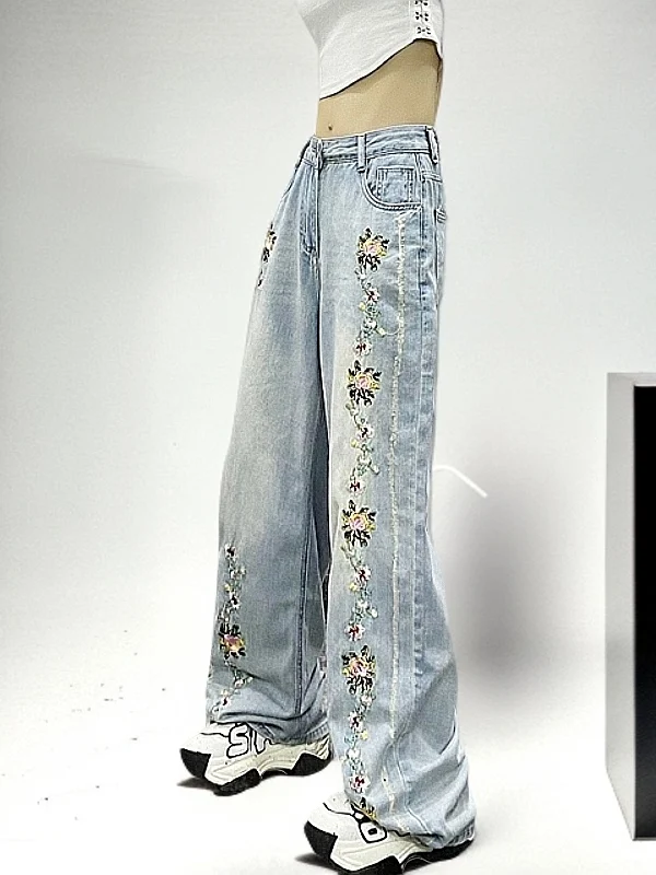 

Женские повседневные джинсы с вышивкой в стиле ретро, с высокой талией, свободного кроя, широкие штанины, с множеством карманов