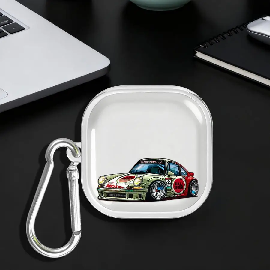 Scissor Door Retro Race Car Case For Samsung Galaxy Buds 3Pro 3 FE 2 2Pro Live 4Pro 4 Pro Clear Earphone Cases Cover With Hook