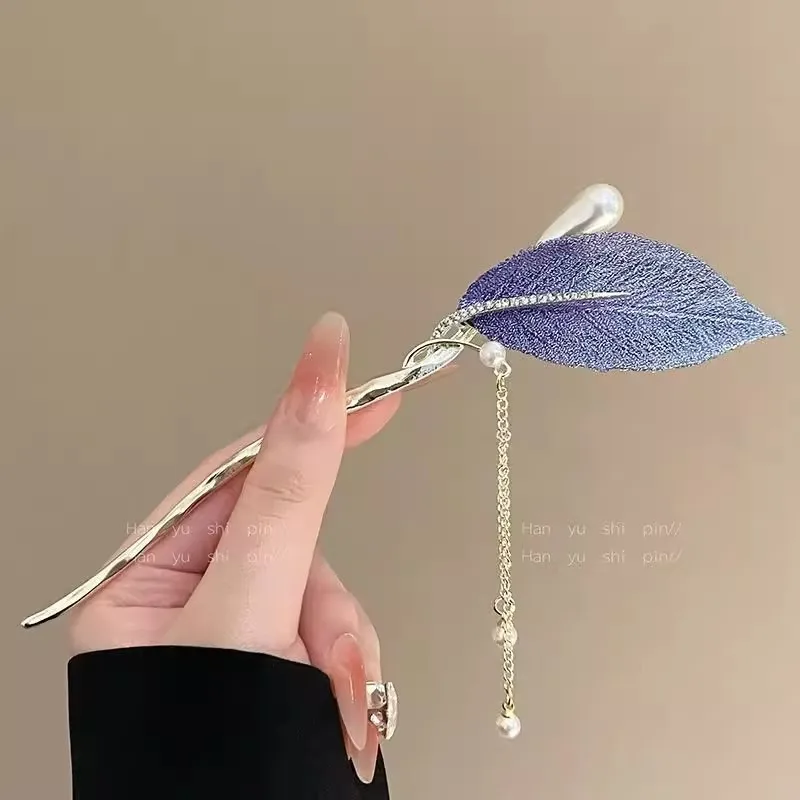 2025 جديد النمط الصيني الأرجواني ورقة الشعر العصي للنساء خمر شرابة معدنية Hanfu عود على شكل دبوس الشعر إكسسوارات الشعر #2