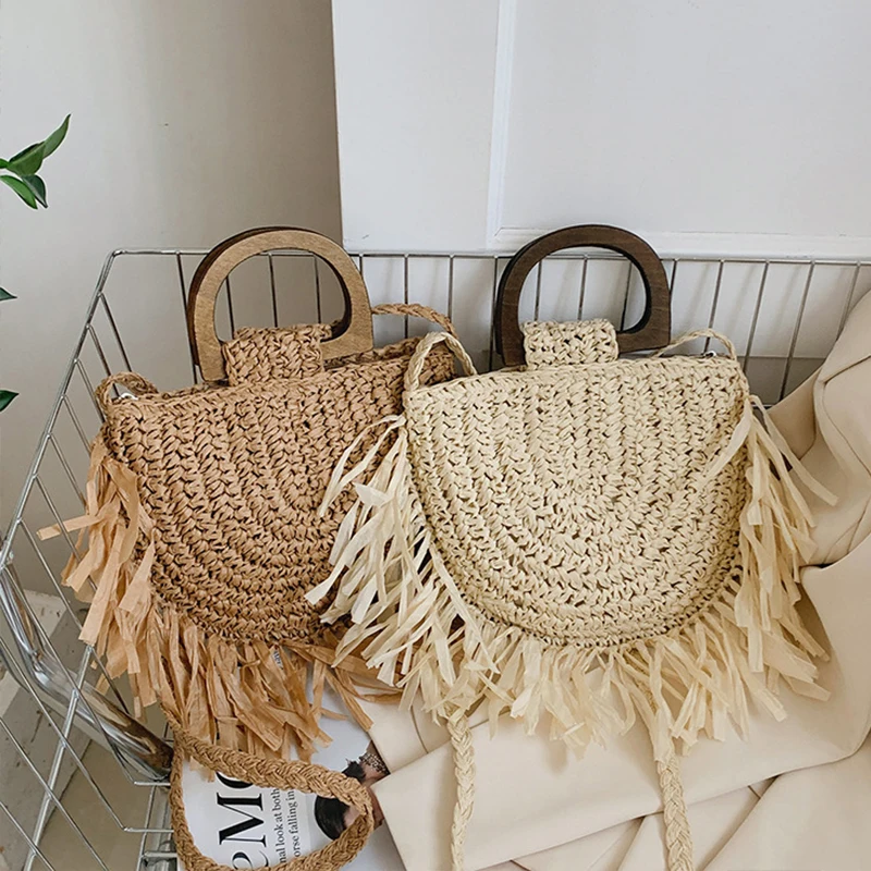 Fashion Straw Woven Shoulder Messenger Bags Women\'s Saddle Designer Luxury Crossbody Bag Summer Beach Female Tassel Handbag