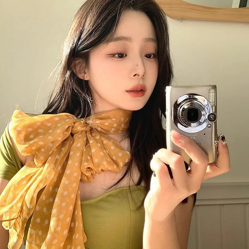 

Korean Polka Dots Chiffon Transparent Breathable Sunscreen Shawl Female Summer Thin Long Beach Towel Sun Silk Scarf