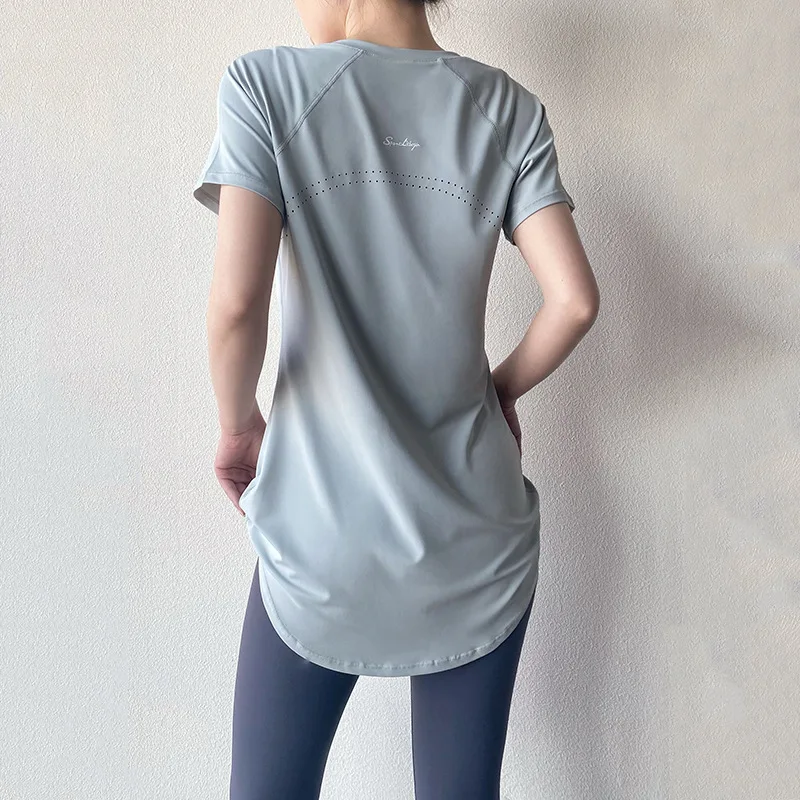 Yoga Sport Top For Women Short Sleeve Shirts Cover Hip Gym Shirt Fitness Workout Pilates Wear Fitted Tops Quick Dry Blouse