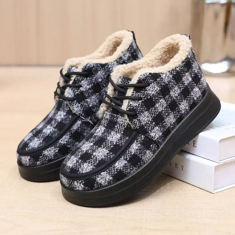 Women Plaid Lace Up Ankle Cotton Boots Winter New Flat Sole Thicken Plush Warm Middle Aged And Elderly High Top Cotton Shoes