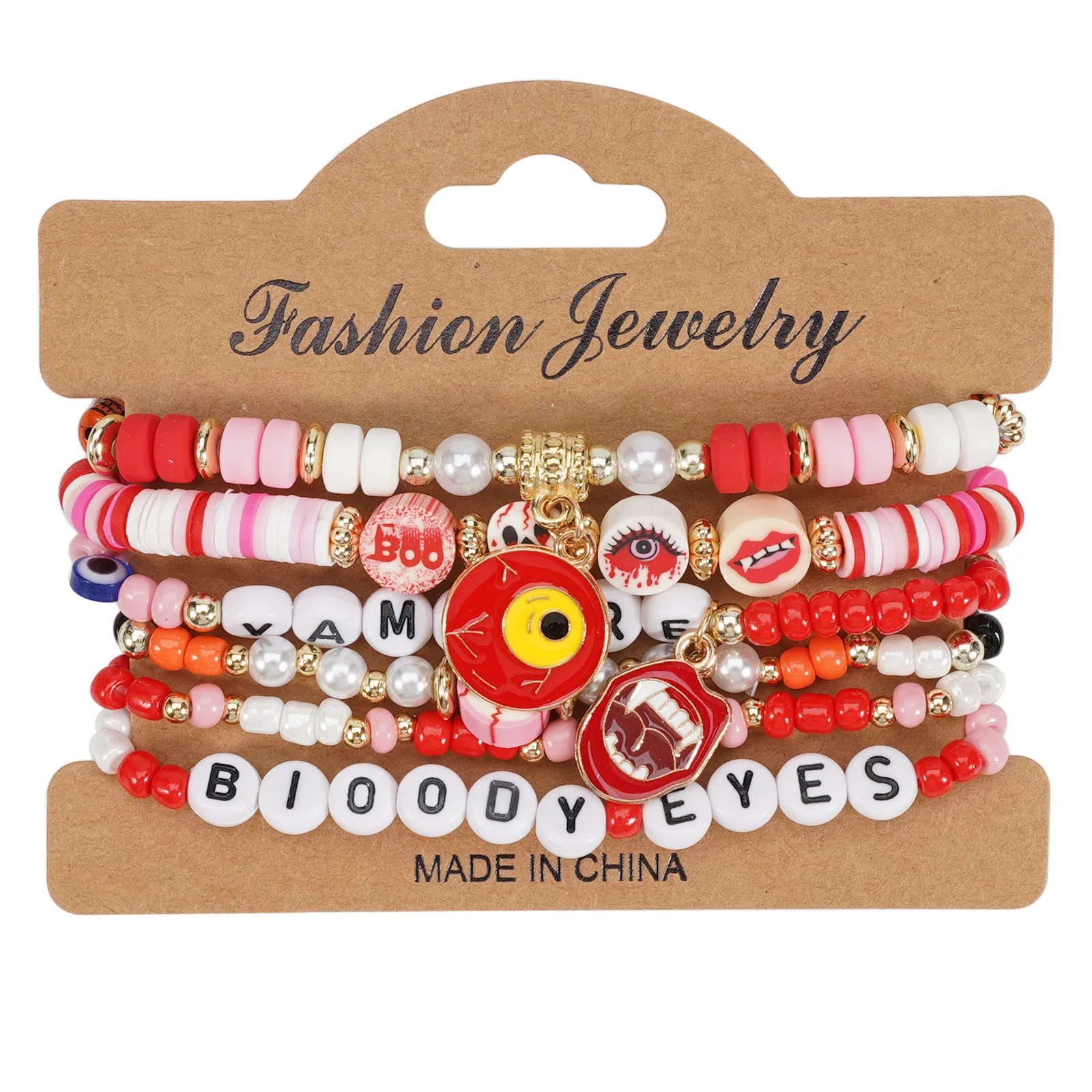 Red Enamel Terrifying Eyes Charm Bracelet Set for Halloween Gift Vintage Ghost Skull Stackable Stretch Beaded Bracelets Jewelry