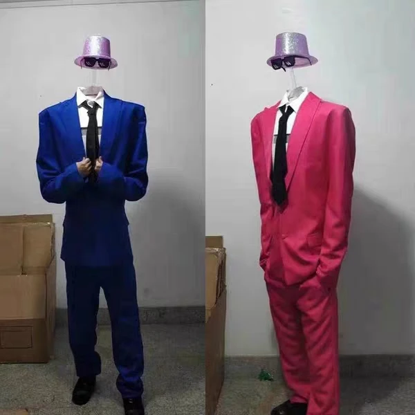 Bar and nightclub comical clown suit headless performance suit set in rose red and blue