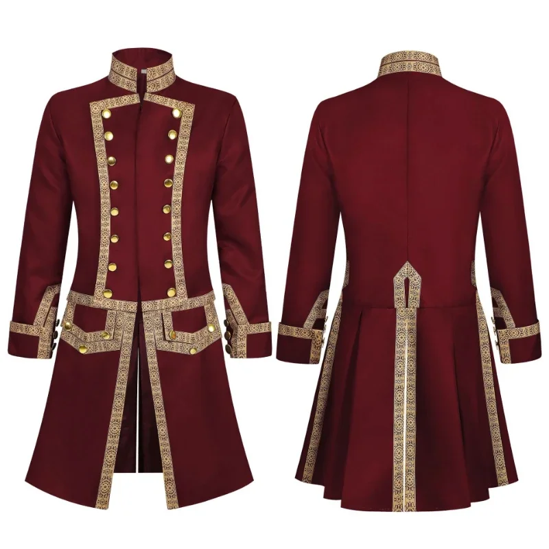 2026 New Navy Blue 18th Century Colonial Military Uniform Tuxedo for Men, Red Medieval Vintage Victorian Print Men's Jackets