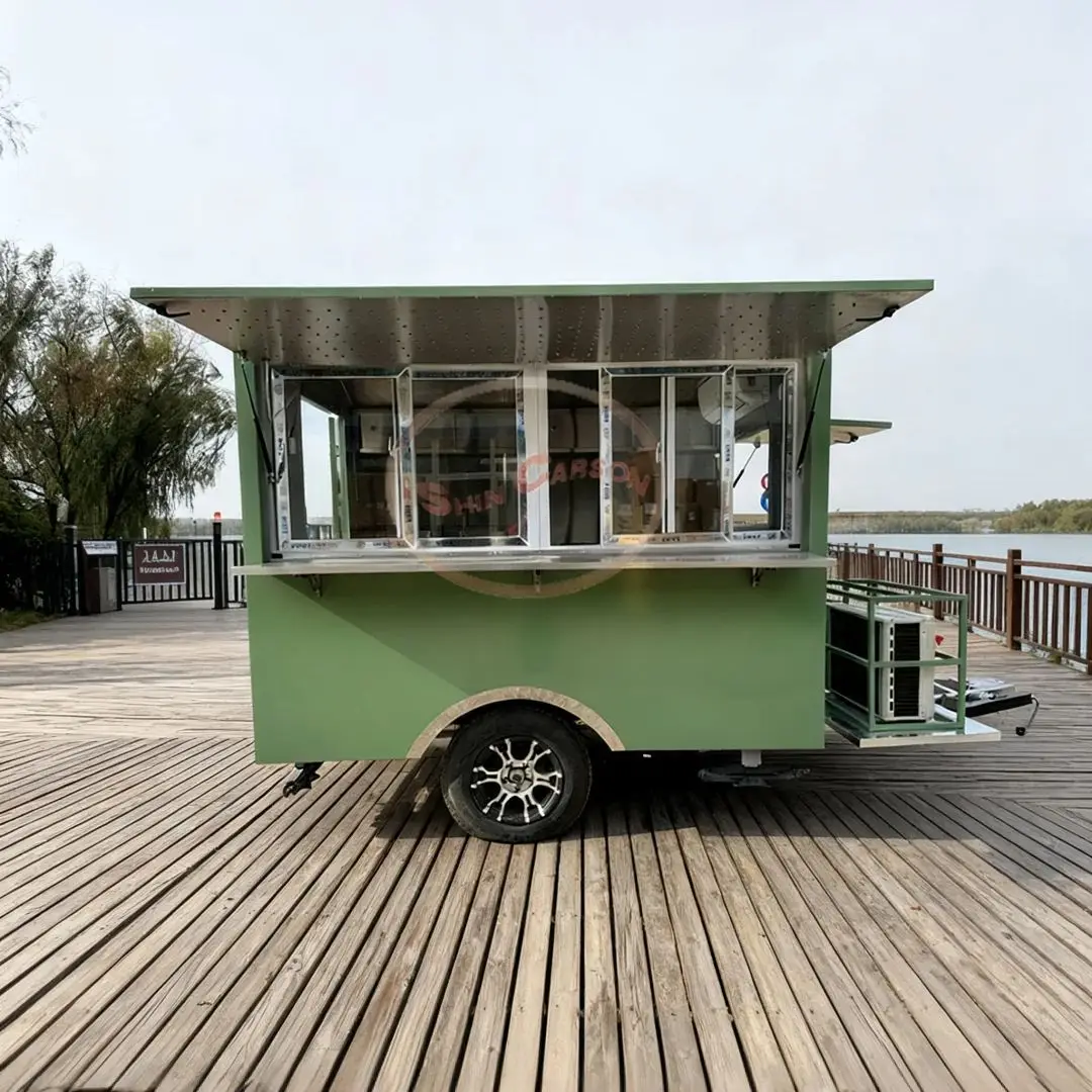 Green Fiberglass Food Vending Cart Mobile Food Truck with Working Station for Commercial Use