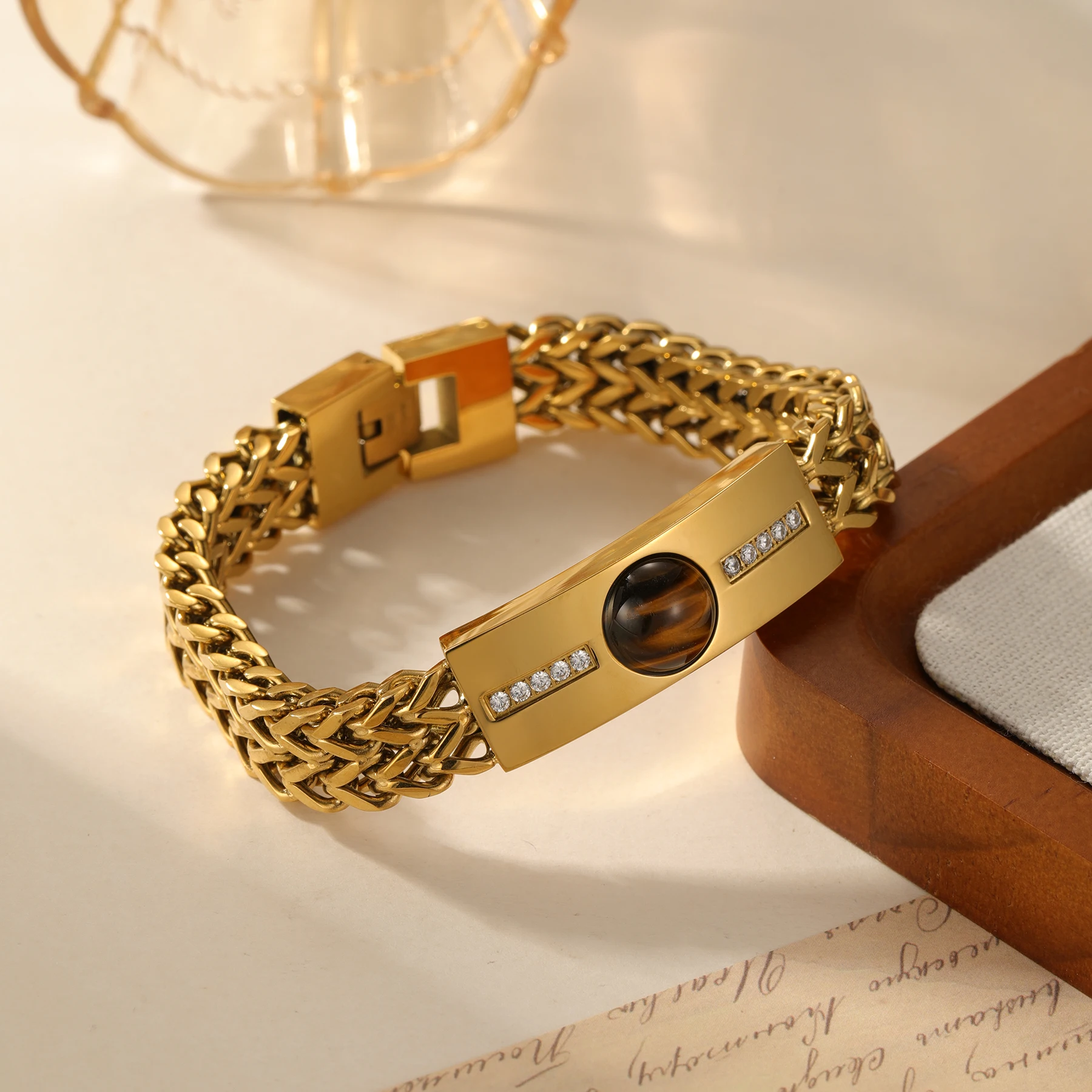 Men's Double Chain Stainless Steel Silver Gold Bracelet with Tiger Eye Stone Hip Hop Diamond Jewelry for Men Cool Gifts for Him