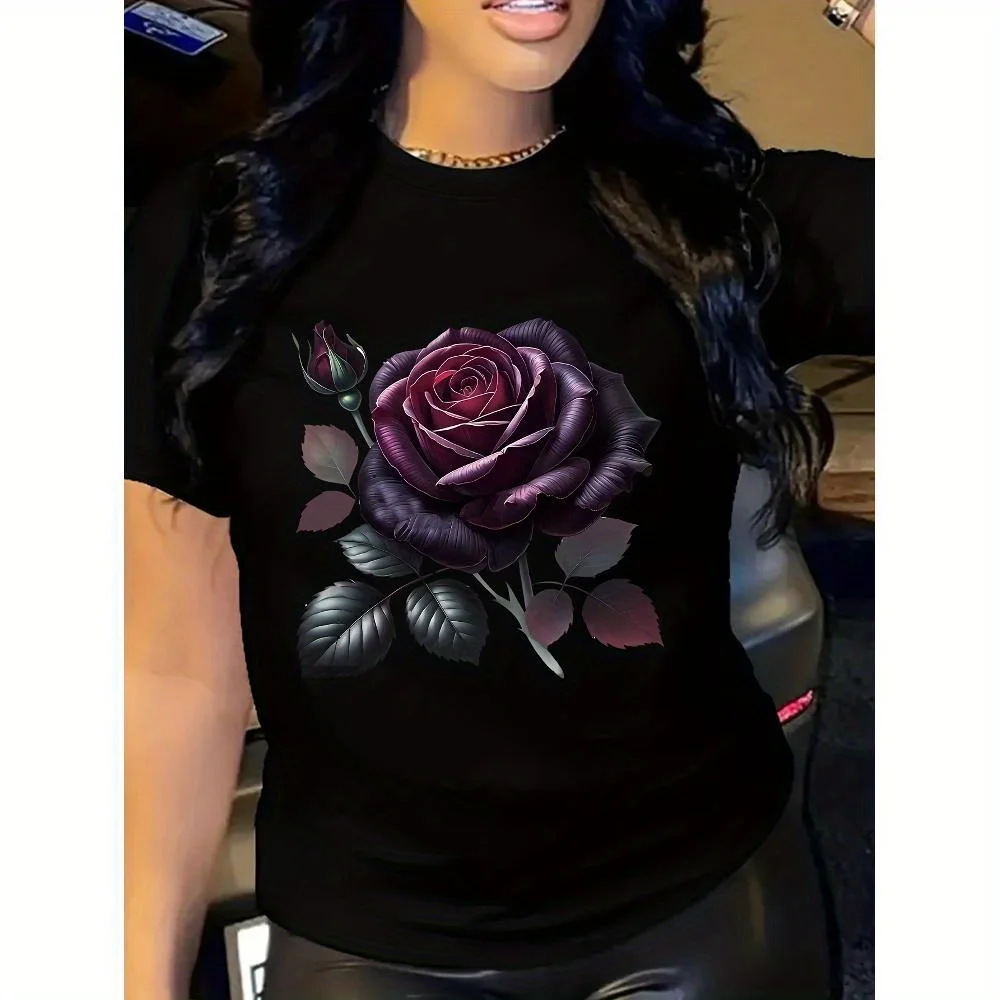 

Women'S Casual Crew Neck T-Shirt, Polyester Blend, Knit Fabric, Regular Length, with Black Rose Graphic Print, for All Seasons