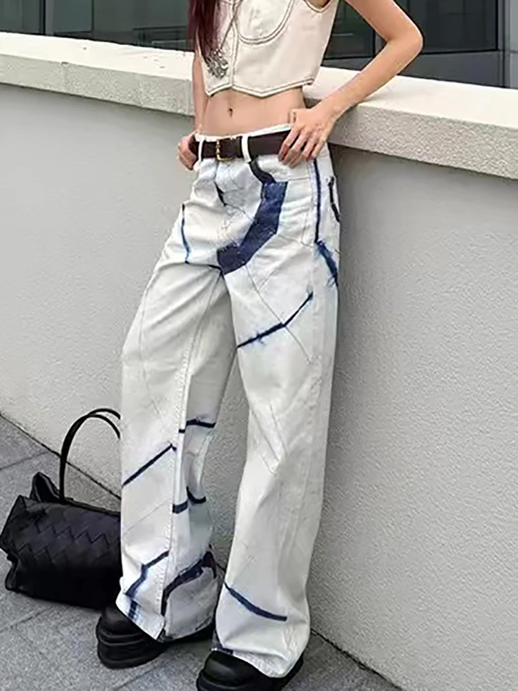 

Summer 2025 new collection: Personalized style bleached geometric tie-dyed high-waisted street straight-leg jeans