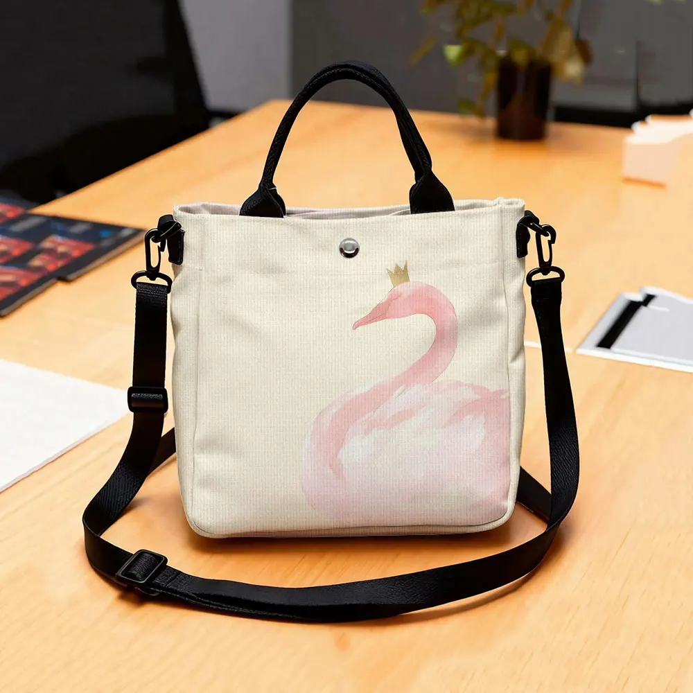 Watercolor Crown Pink Swan Print Tote Bag, Detachable Strap Crossbody Handbag For Daily Work Shopping