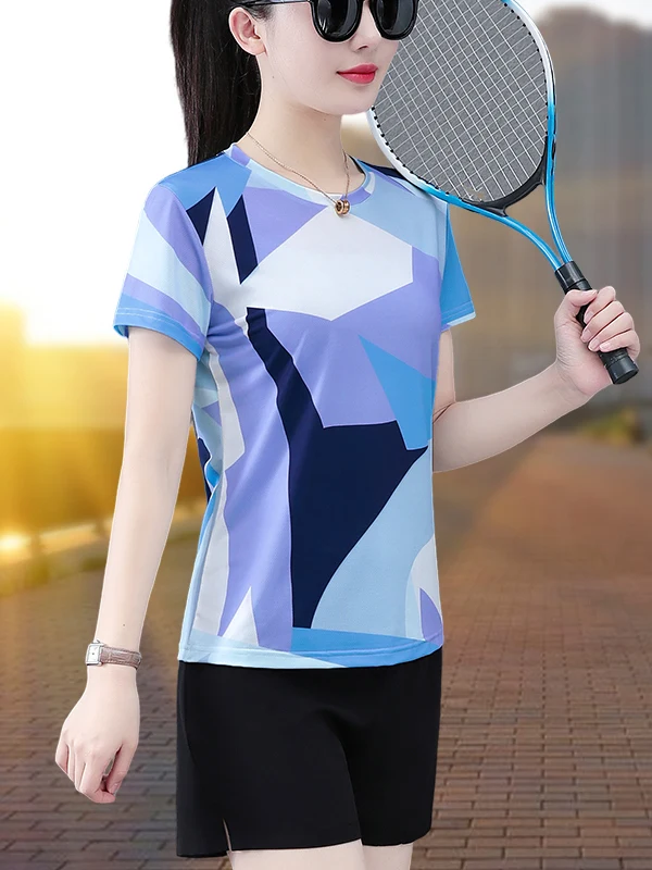 

Ice Silk Qui Dry ort Sve T-irt Sports Set Women's Summer New Sle Breathable round Ne ort Pants Casual Two Piec...