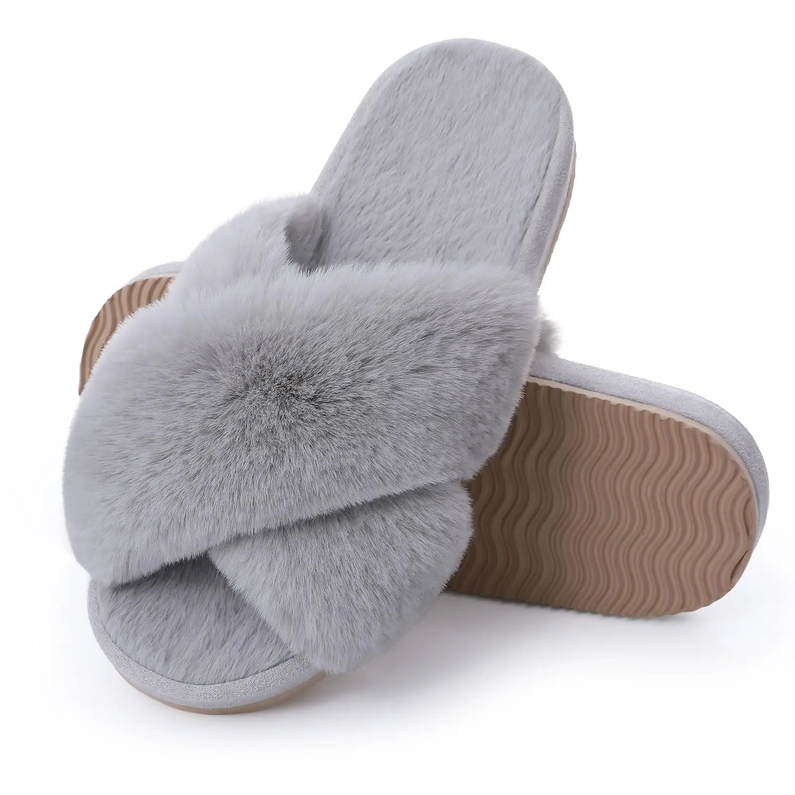 

Eyriphy Winter Women's Cross Band Fuzzy Slippers Cozy Soft Sole Bedroom Slides Fluffy Fuzzy Open Toe Home Shoes Flat Flip Flops