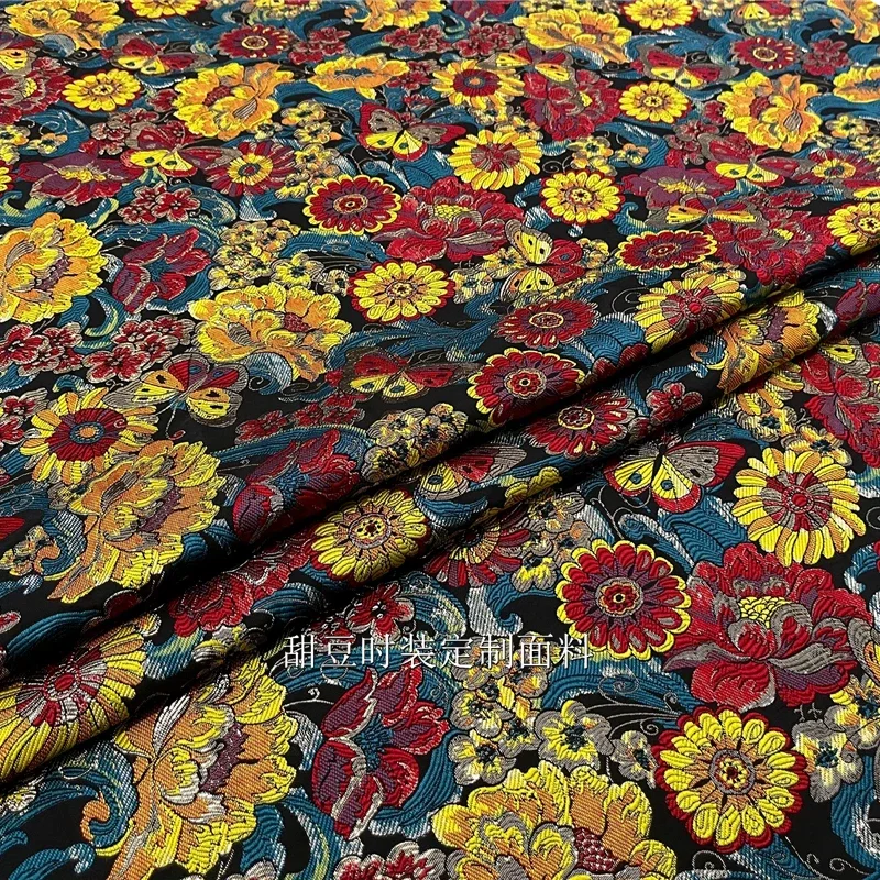 

Gold Silk Brocade Jacquard Fabric Vintage Flower Yarn Dyed Suit Coat Dress Clothing European Brand Fashion Design Sewing Cloth