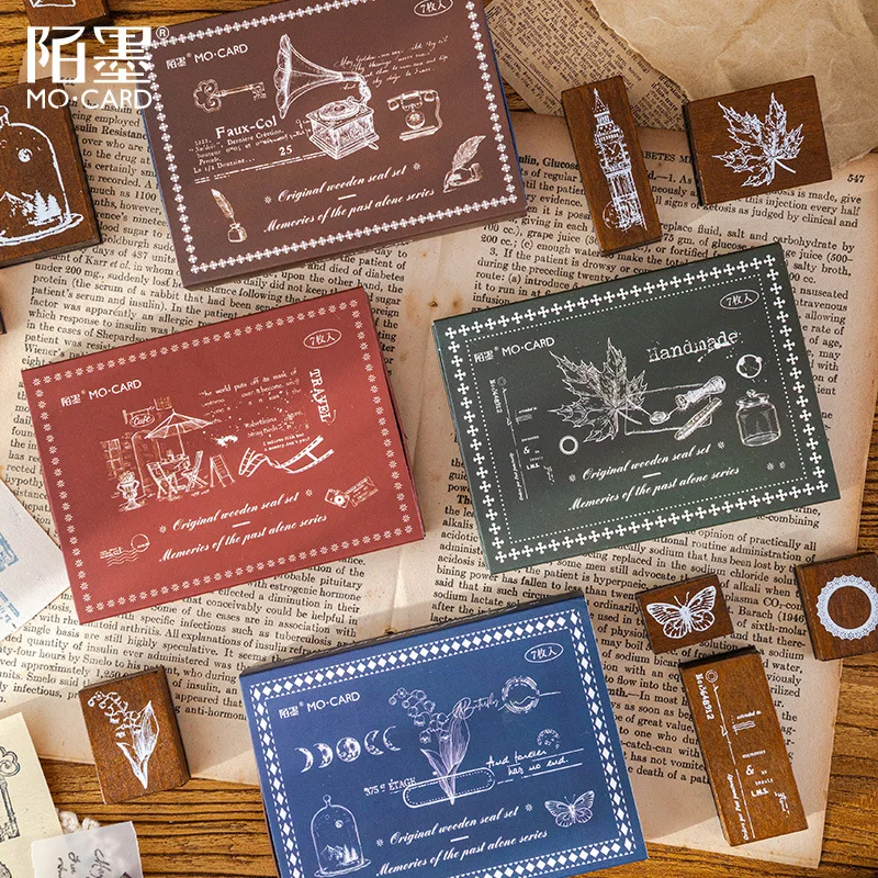 7 Pcs Retro Antique Stuff Stamp Wooden Rubber Stamps Cute Vintage Craft Stamps Set For Diy Scrapbooking Card Making Decoration