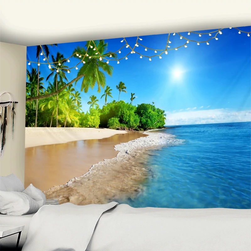 Tropical Beach Sunset Sea View Landscape Tapestry Wall Hanging Boho Aesthetic Room Bedroom Living Room Home Dormitory Decor