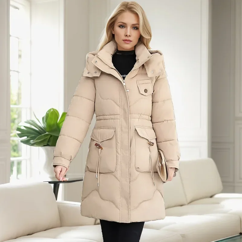 Giacca in cotone stile lungo sopra il ginocchio abbigliamento in cotone spesso alla moda giacca in cotone temperamento con cappuccio tinta unita per donna