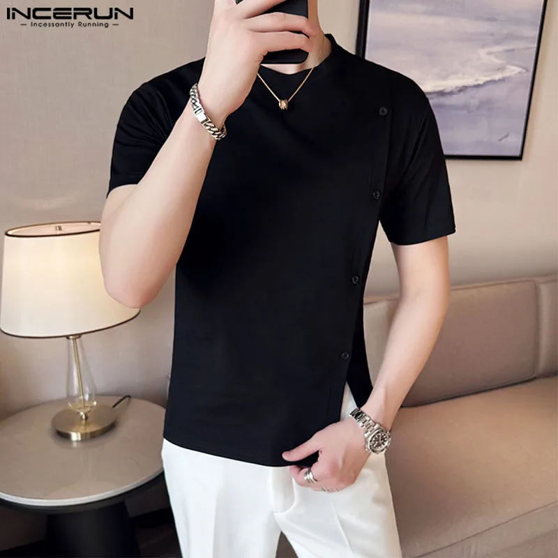 2024 Men T Shirt Solid Color O-neck Short Sleeve Button Casual Men Clothing Streetwear Summer Korean Leisure Tee Tops INCERUN