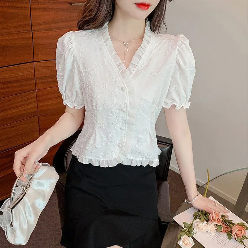 French V-neck Bubble Sleeved Irregular Shirt for Women\'s Summer New High-end Unique Short Sleeved Casual Temperament Trendy Top