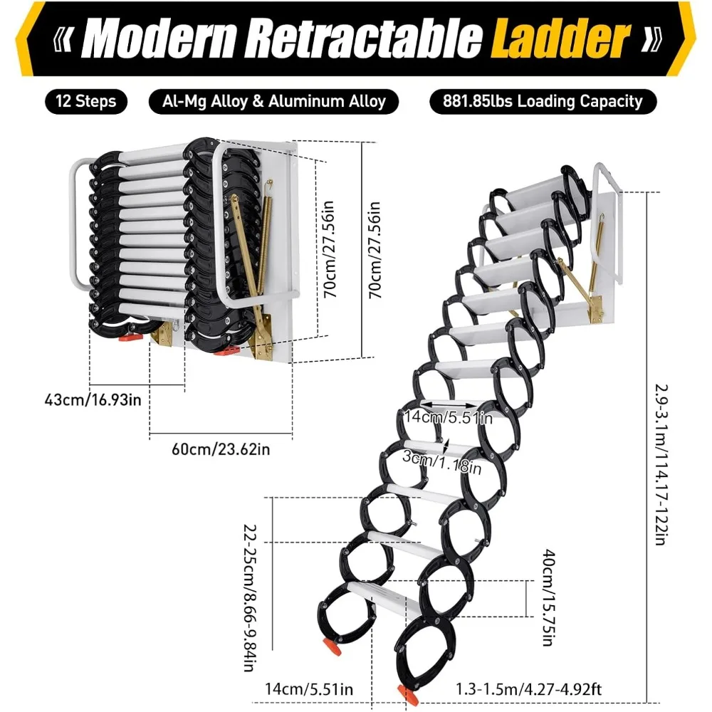 12 Pedals Attic Ladder Telescopic Ladder,Attic Ladder Pulldown Folding Stairs for Attic, Telescopic Ladders