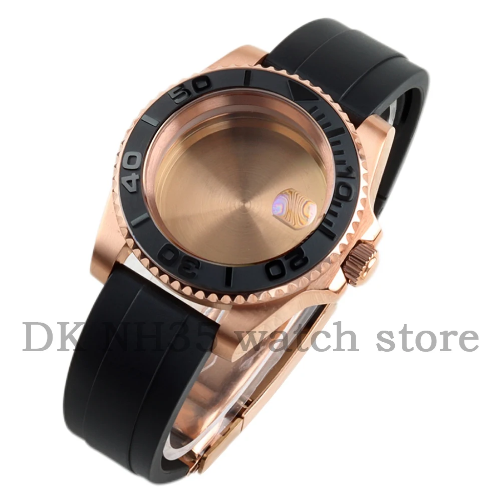 

40MM NH35 Rose Gold Men Watch Case Rubber Strap For GMT SUB NH35 NH36 Movement 28.5mm Dial YACHT-MASTER Case High Quality