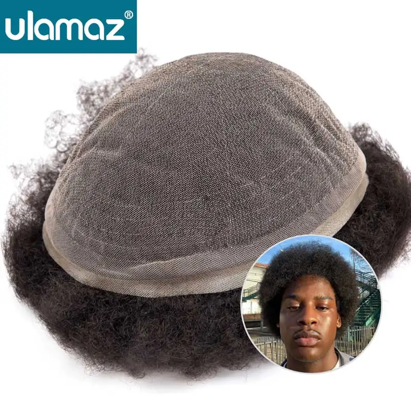 

Мужской парик-накладка из натуральных волос Afro Wave, 4-6 мм, черный, с полным кружевным основанием, для афроамериканских кудрявых волос