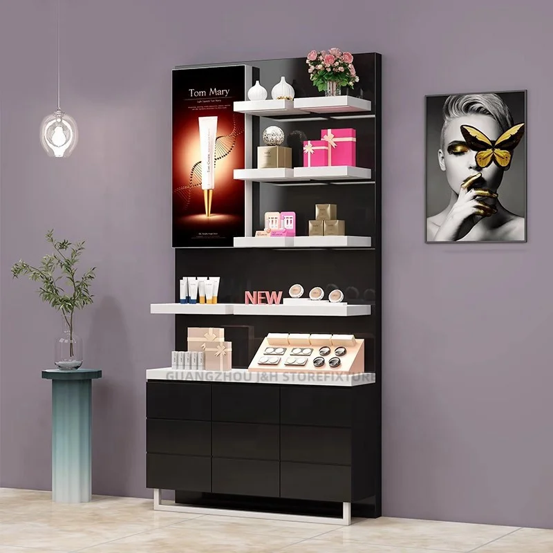 Popular lighting cosmetics store shelves free standing cosmetic display shelf makeup cosmetics display racks