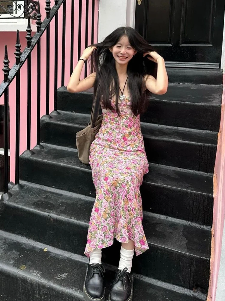 夏らしい花柄ロングドレス レディース ストラップ付き マーメイド ビーチドレス スリム ビーチスカート Vネック Aライン ガウン 袖なし