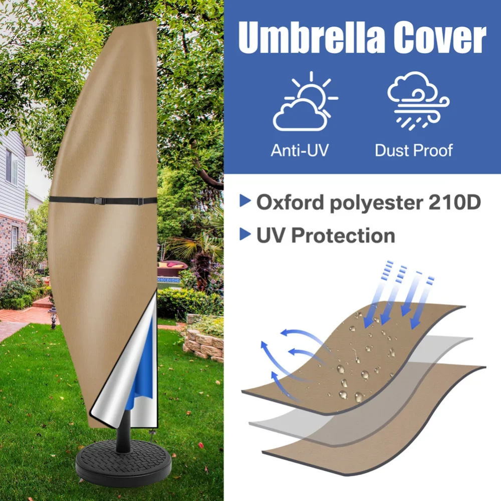 Garden Parasol Cover with Rod & Pull Ring UV Protection 210D Oxford Waterproof Fabric Cantilever Large Umbrella Cover Outdoor