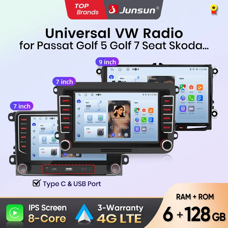 Radio samochodowe Junsun do Vw Volkswagen Passat B6 B7 T5 Tiguan Touran Golf Polo CarPlay Android Auto FM RDS DSP BT GPS Navi SWC HD IPS Ekran Dotykowy Plug & Play Odtwarzacz Multimedialny Zestaw