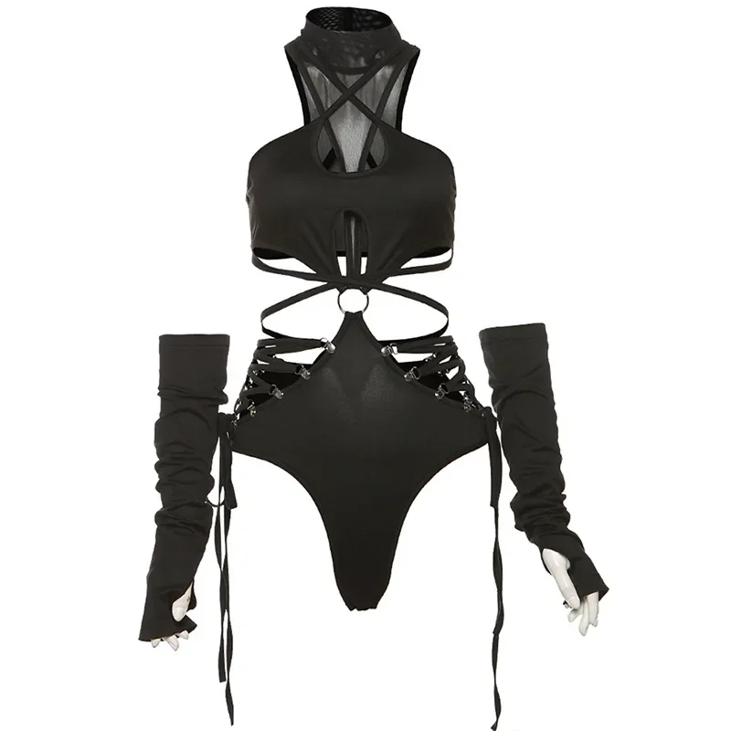 Bandage Hollow Out Sexy Cyber Y2k Bodysuits Gothic Techwear Mesh Patchwork Tops Female Glove Sleeve Mock Neck Bodysuit