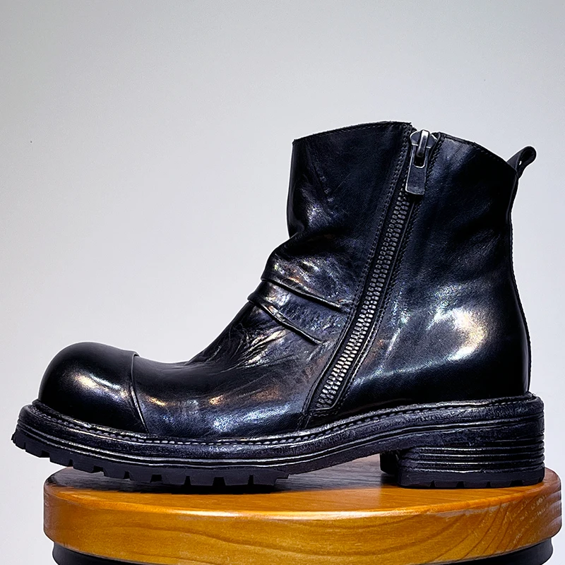 

American Genuine Leather Side Zipper Vintage Chelsea Chimney Boots Men's Shoes Cowhide Motorcycle Casual Outdoor Work Boots