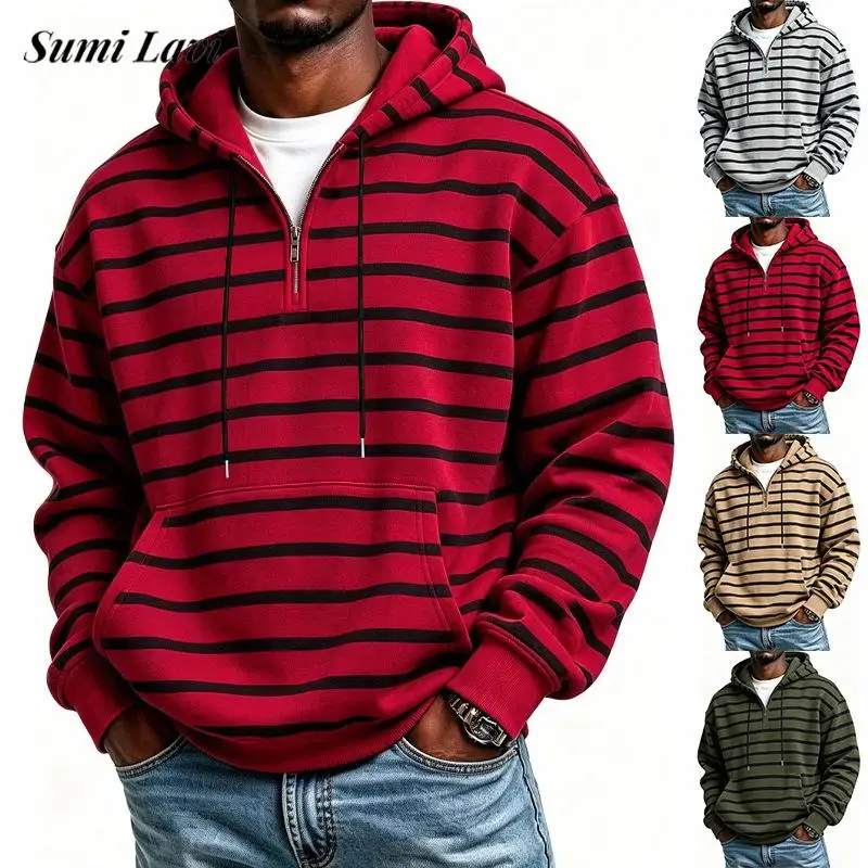 Fashion Autumn Winter Drawstring Hooded Sweatshirt Contrast Color Stripe Long Sleeve Casual Top Daily Street Matching Hoodie Men
