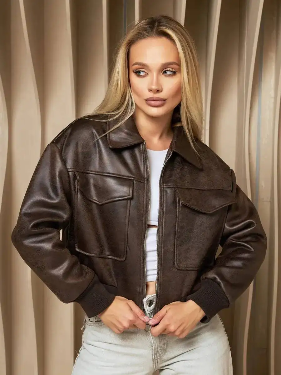 

Autumn And Winter New Fashion Women's Clothing Short Loose Imitation Leather Pilot Lapel Jacket