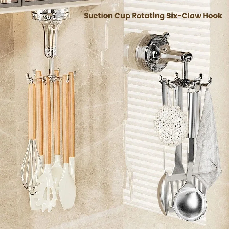 

360° Rotating Suction Cup Hook Strong Wall Mount Organizer No Drill Transparent Multi Hook Holder for Kitchen Bathroom Storage